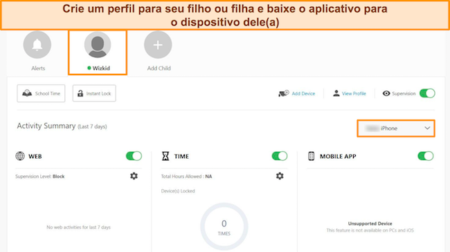 Captura de tela mostrando como criar um perfil infantil para o controle parental do Norton