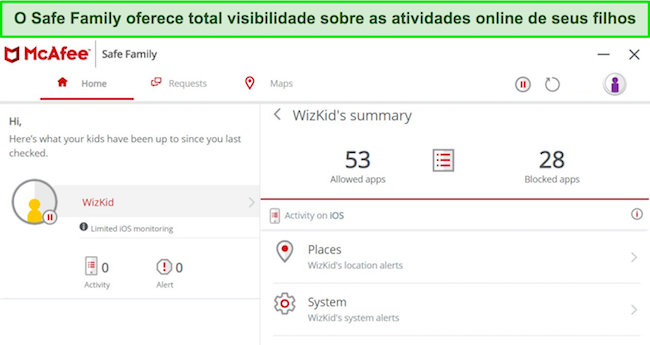 Captura de tela dos controles parentais do Safe Family da McAfee