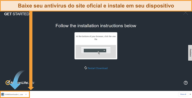 Captura de tela do site do Norton 360 iniciando o processo de download e instalação.