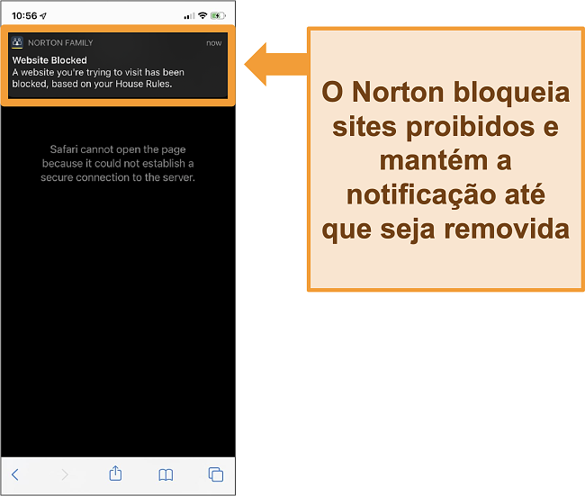 Captura de tela do antivírus Norton com controle dos pais ativado no iPhone e bloqueando sites proibidos