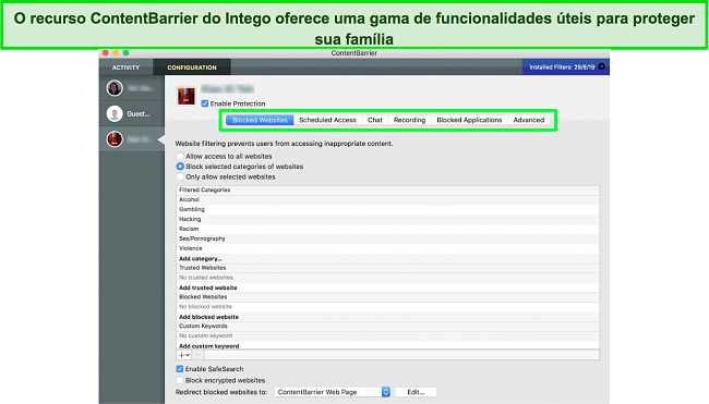 Captura de tela do painel de controle dos pais do ContentBarrier do Intego