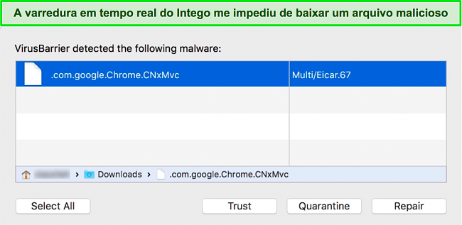 Captura de tela do scanner em tempo real do Intego bloqueando o download de um arquivo malicioso