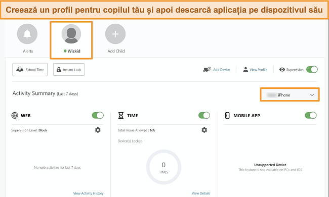 Captură de ecran a Norton Family Portal cu un profil de copil creat.