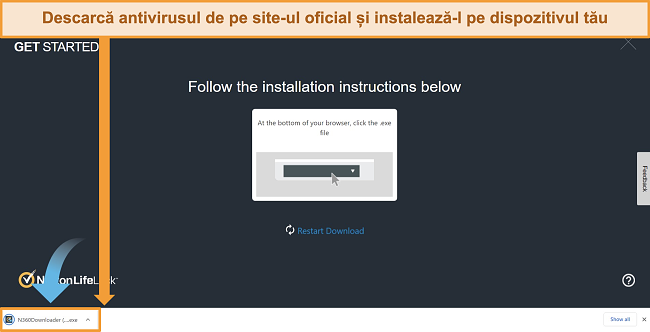 Captură de ecran a site-ului Norton 360 începând procesul de descărcare și instalare.