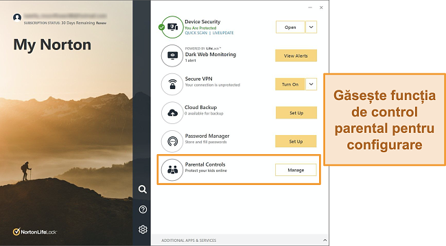 Captură de ecran a interfeței aplicației Norton 360 cu control parental evidențiat