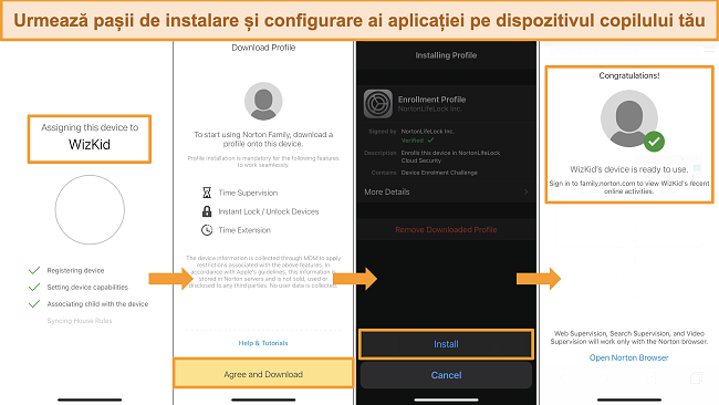  Capturi de ecran ale procesului de configurare pentru Norton Family pe iPhone