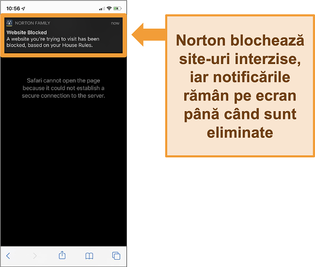 Captură de ecran a antivirusului Norton cu controale parentale activate pe iPhone și blocarea site-urilor interzise