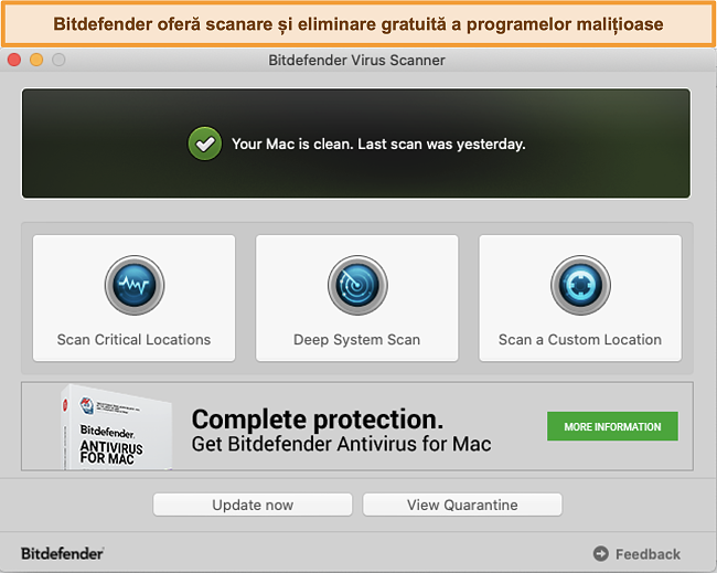 Captură de ecran a tabloului de bord al aplicației Bitdefender pe Mac