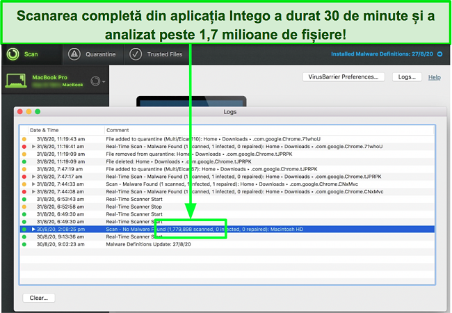 Captură de ecran a rezultatelor scanării complete ale Intego