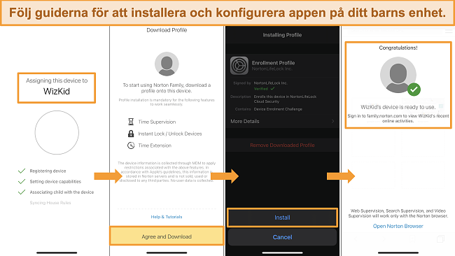 Skärmdumpar av installationsprocessen för Norton Family på iPhone
