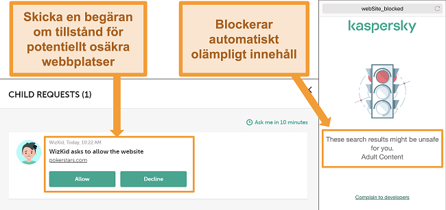 Skärmdumpar av Kaspersky som blockerar åtkomst till osäkra webbplatser.