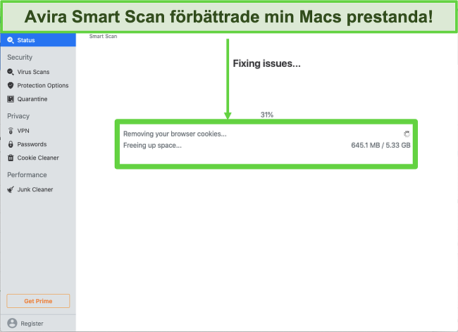 Skärmdump av Avira Smart Scan som körs på Mac