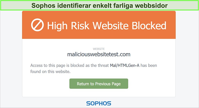 Skärmdump av Sophos Web Protection som blockerar en högriskwebbplats