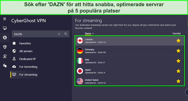 Skärmdump av CyberGhosts Windows-app som lyfter fram de 5 DAZN-optimerade serverplatserna