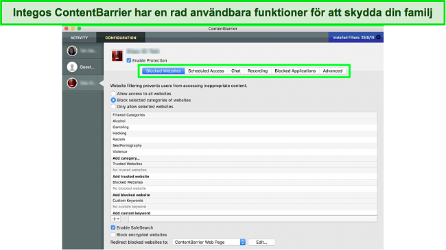 Skärmdump av Integos ContentBarrier-instrumentpanel för föräldrakontroll