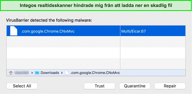 Skärmdump av Integos realtidsskanner som blockerar en skadlig fil från att laddas ner