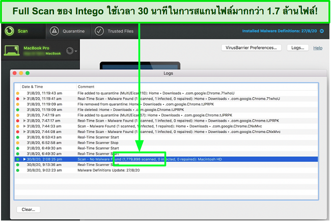 ภาพหน้าจอของผลการสแกนแบบเต็มของ Intego