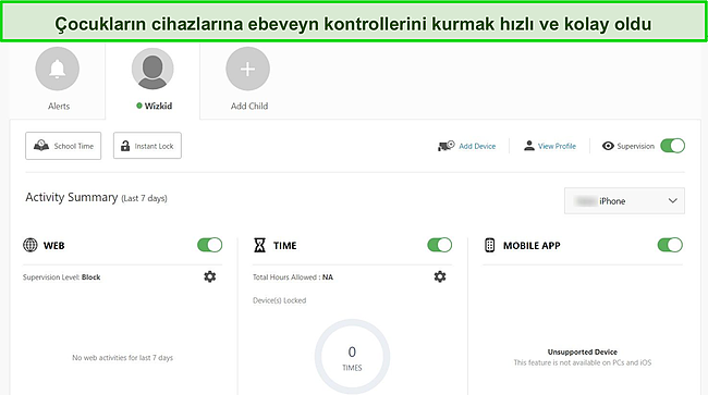 Norton'un Windows'taki ebeveyn denetimi panosunun ekran görüntüsü.