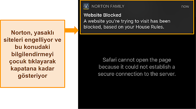 Ebeveyn denetimleriyle kısıtlanmış bir web sitesine erişmeye çalışırken Norton'un bildirimini vurgulayan ekran görüntüsü.