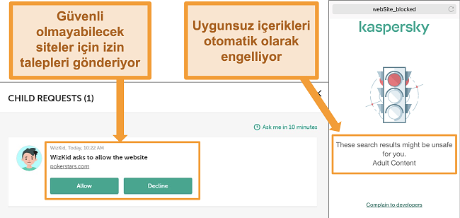 Güvenli olmayan sitelere erişimi engelleyen Kaspersky ekran görüntüleri.