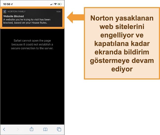 İPhone'da ebeveyn denetimleri etkinleştirilmiş ve yasak web sitelerini engelleyen Norton antivirüs ekran görüntüsü
