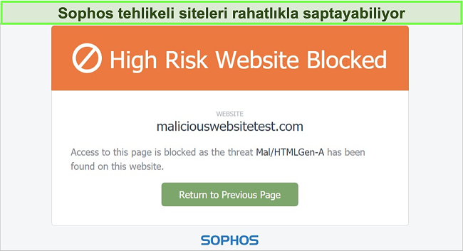 Sophos Web Protection'ın yüksek riskli bir web sitesini engelleyen ekran görüntüsü