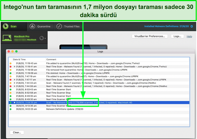 Intego'nun tam tarama sonuçlarının ekran görüntüsü