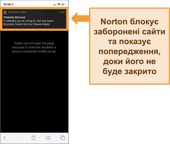 Знімок екрана антивіруса Norton із активацією батьківського контролю на iPhone та блокуванням заборонених веб-сайтів