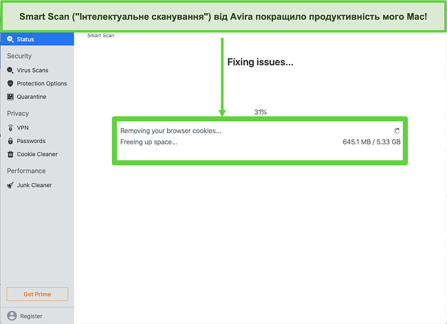 Знімок екрана Avira Smart Scan, запущеного на Mac