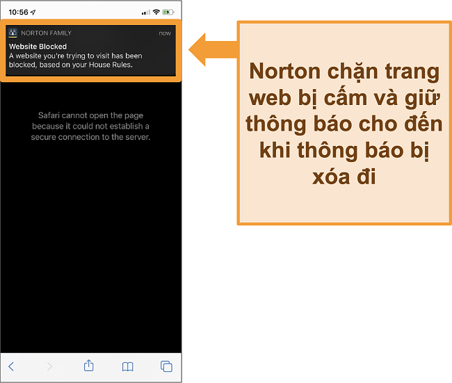 Ảnh chụp màn hình phần mềm chống vi-rút Norton với tính năng kiểm soát của phụ huynh được kích hoạt trên iPhone và chặn các trang web bị cấm