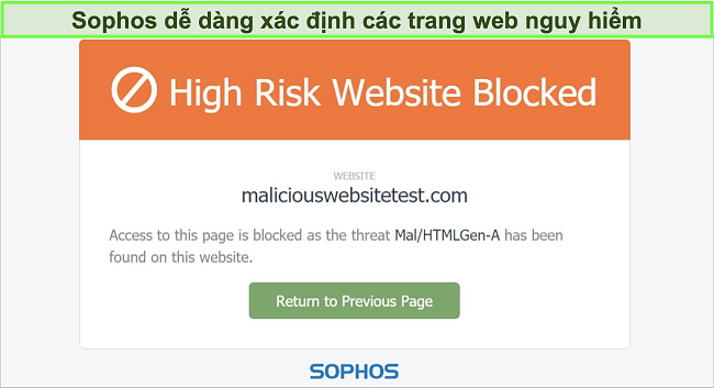 Ảnh chụp màn hình Sophos Web Protection chặn một trang web có nguy cơ cao