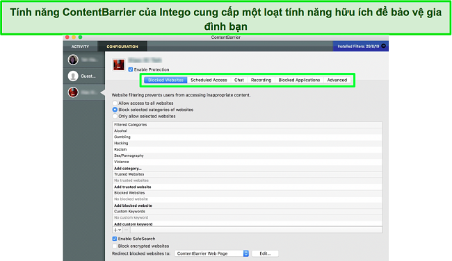 Ảnh chụp màn hình trang tổng quan kiểm soát của phụ huynh ContentBarrier của Intego