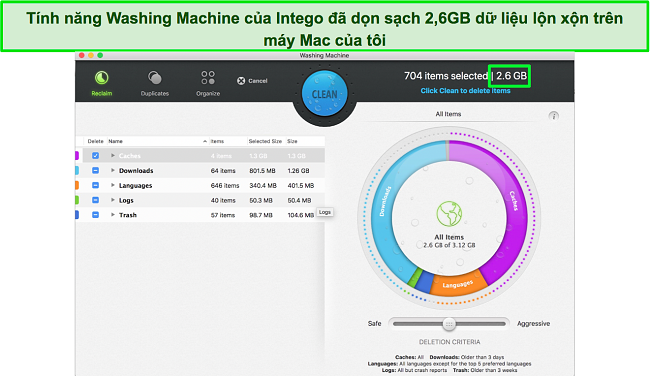 Ảnh chụp màn hình bảng điều khiển công cụ tối ưu hóa máy giặt của Intego Mac