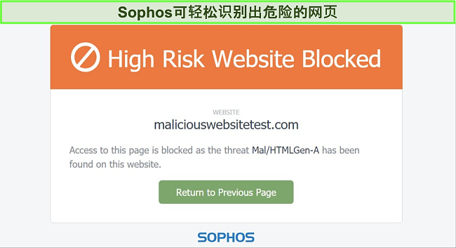 Sophos Web Protection阻止高风险网站的屏幕截图