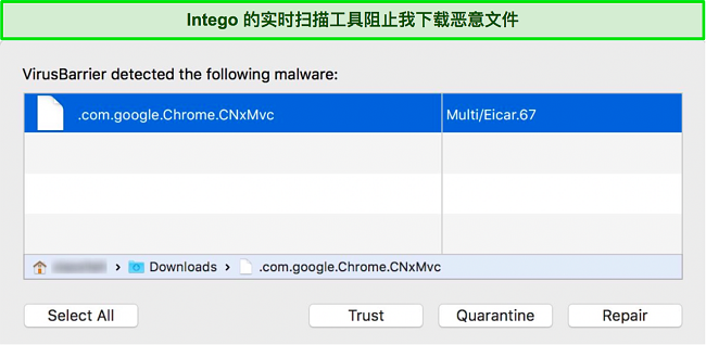 Intego 的实时扫描程序阻止恶意文件下载的屏幕截图