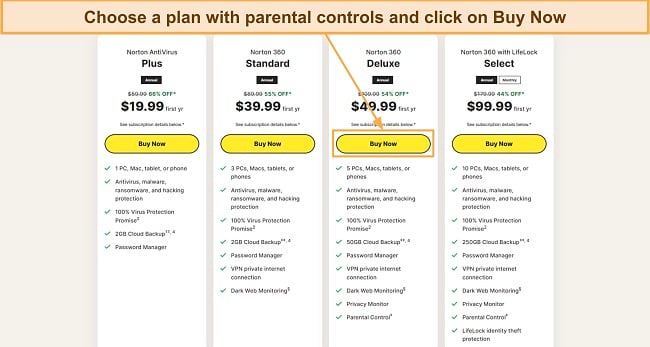 Screenshot showing how to choose one of Norton's plans