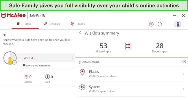 Screenshot of McAfee's Safe Family parental controls