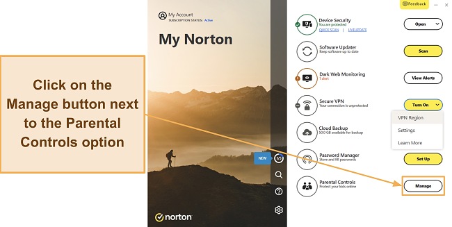 Screenshot showing how to access Norton's parental controls