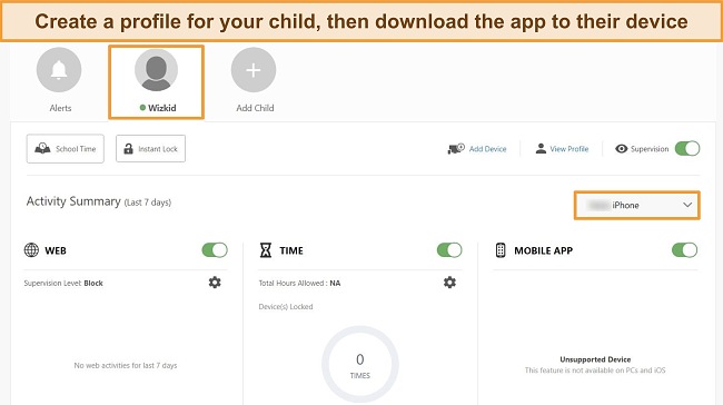Screenshot showing how to create a child profile for Norton's parental controls