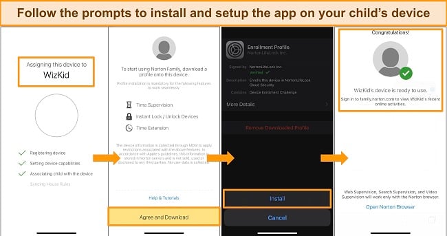 Screenshot showing the various steps to setup Norton's parental controls on your child's device