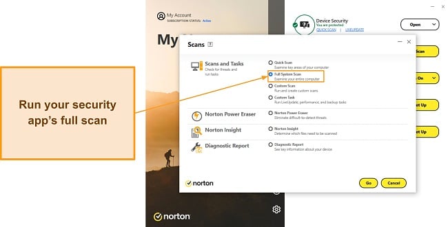 Screenshot showing the available scans in Norton