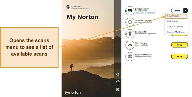 Screenshot showing how to open Norton's scans menu