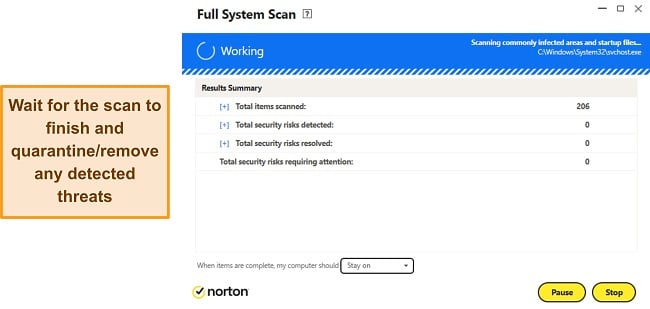 Screenshot showing Norton's Full System Scan in progress