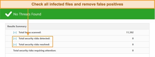 Screenshot of where to check list of infected files after full scan