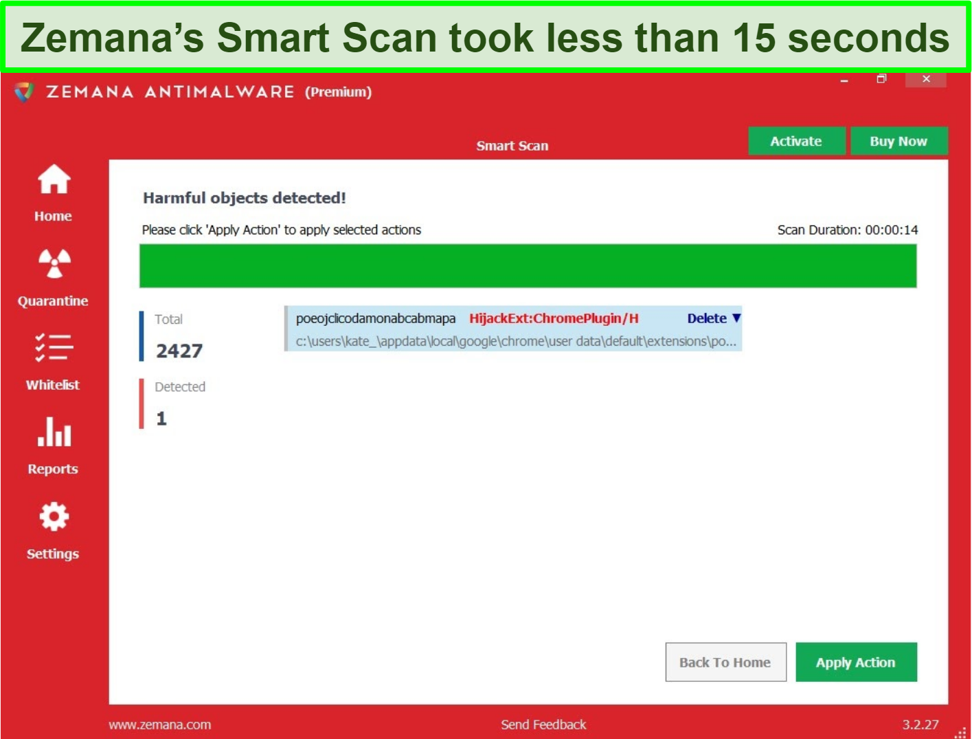  Screenshot of Zemana's Smart Scan with harmful objects detected.