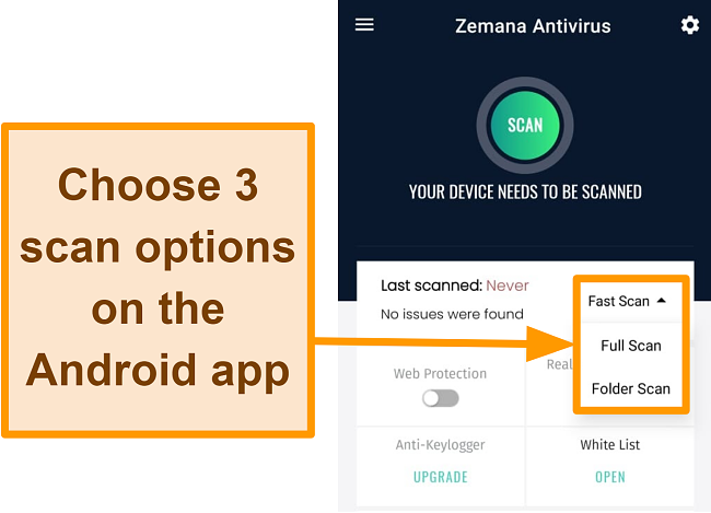 Screenshot of Zemana's Android app with scan types highlighted.