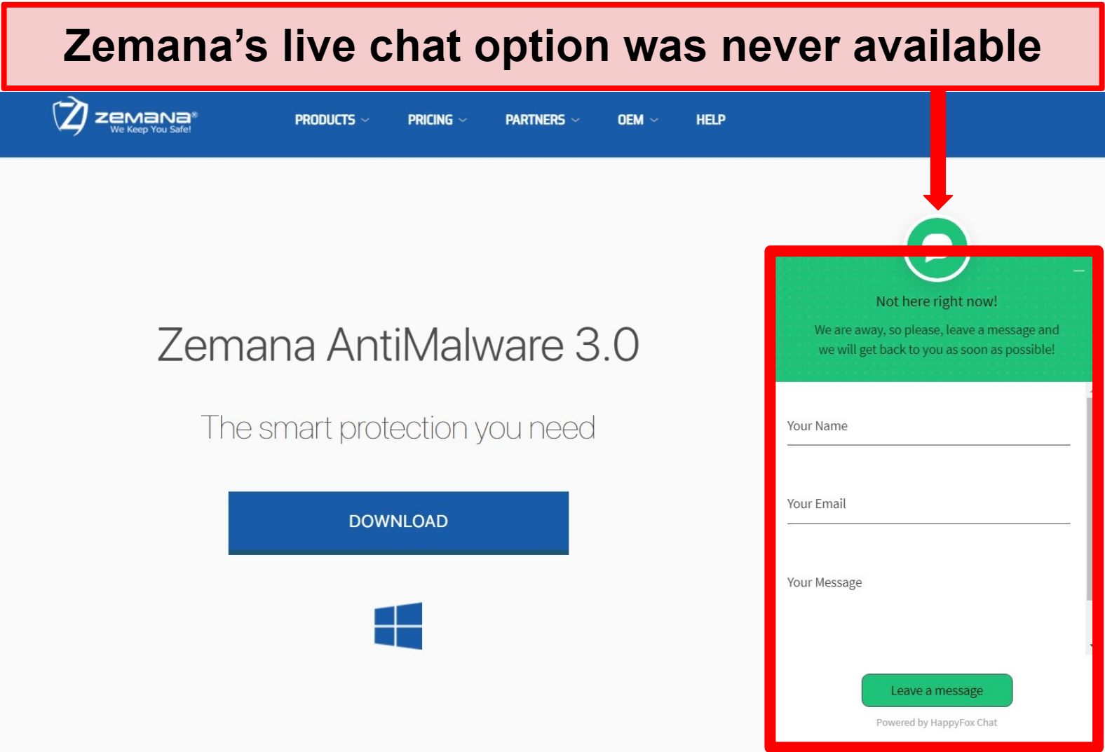 Screenshot of Zemana's live chat function unavailable at the time.