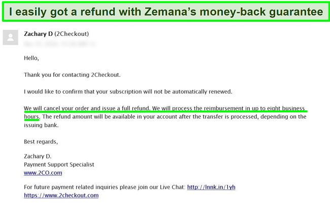 Screenshot of a user requesting a refund from Zemana antivirus over email by using the money-back guarantee