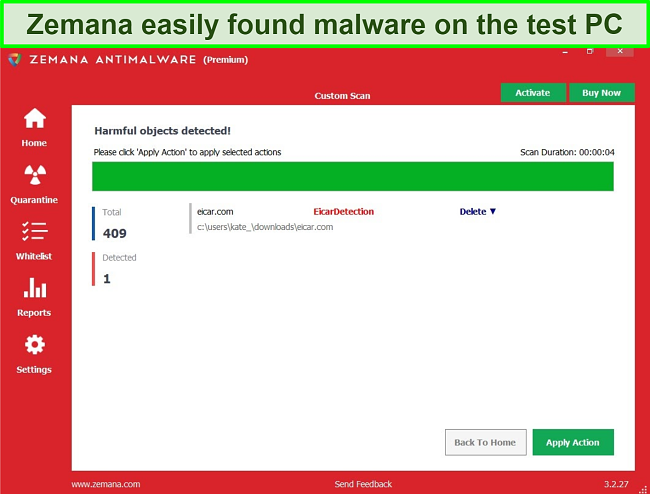Screenshot of Zemana's Deep scan of the downloads folder, with malware detected.