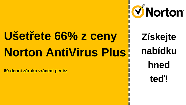 Antivirový kupón Norton Antivurs Plus se 66% slevou a 60denní zárukou vrácení peněz
